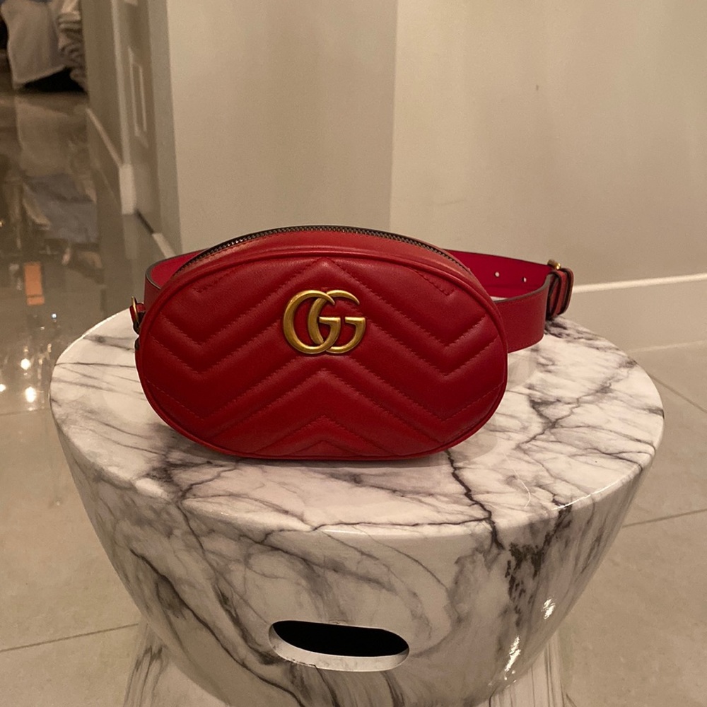 Red Gucci GG Marmont Matelasse leather belt bag